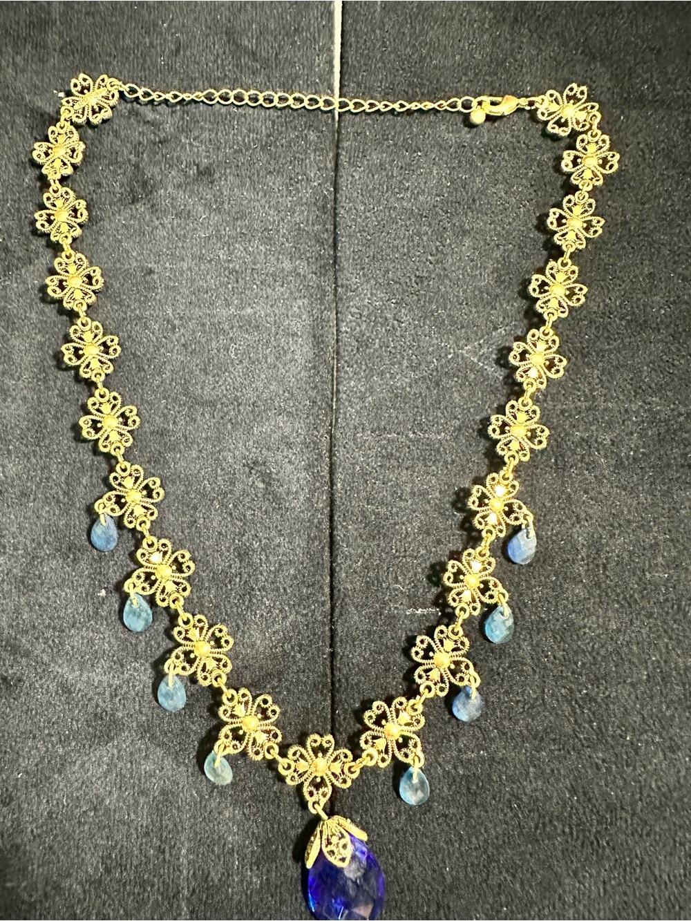 Vtg: Avon Briolette Blue Rhinestone Floral Y drop Necklace - Picture 8 of 9